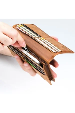 آلبا - کیف پول با بخش تلفن - کیف پول بلند از چرم طبیعی - با قفل مغناطیسی و بند دستی، مناسب برای همه - قهوه‌ای روشن - 9518