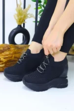 کفش ورزشی زنانه با کفی مخفی 10 سانتیمتری مشکی ساده و بنددار NBR4086 - 9340