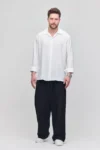 پیراهن مردانه زودکی تیره با بافت کتان و آستین بلند و سایز بزرگ رنگ سفید - 8853