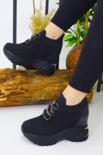 کفش ورزشی زنانه با کفی مخفی 10 سانتیمتری مشکی ساده و بنددار NBR4086 - 9340