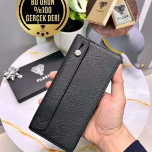 کیف پول چرمی اصلی با بخش تلفن - دارای مگنت و بند دستی - رنگ مشکی - بزرگ 2028 - 8478