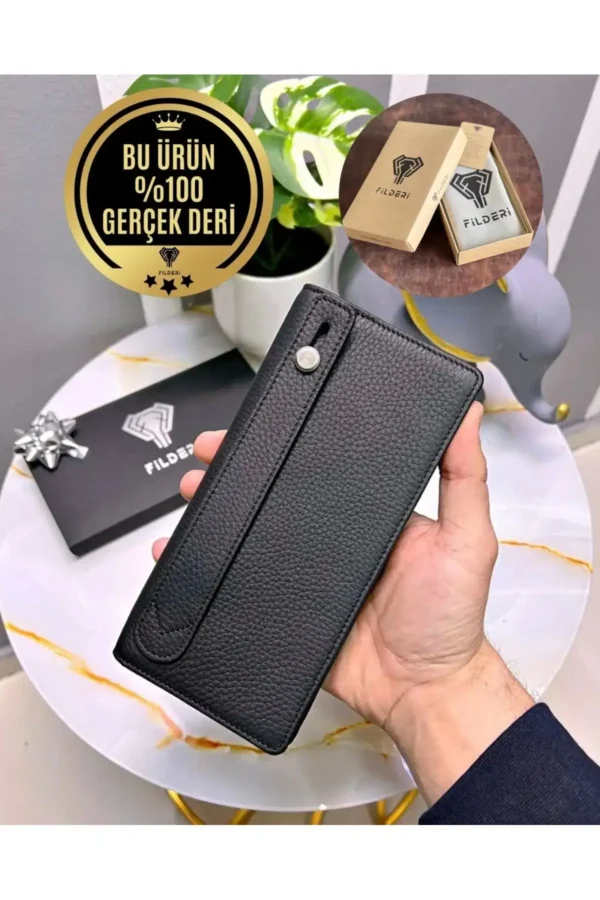 کیف پول چرمی اصلی با بخش تلفن - دارای مگنت و بند دستی - رنگ مشکی - بزرگ 2028 - 8478