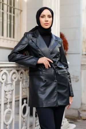 کت چرم زنانه با لایه داخلی و جیب دار - 9454