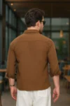 پیراهن کتان آربین بافت دار سایز بزرگ قهوه‌ای - 8874