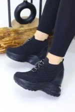 کفش ورزشی زنانه با کفی مخفی 10 سانتیمتری مشکی ساده و بنددار NBR4086 - 9340