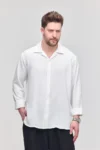 پیراهن مردانه زودکی تیره با بافت کتان و آستین بلند و سایز بزرگ رنگ سفید - 8853