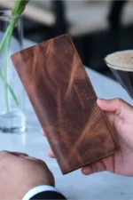 آلبا - کیف پول با بخش تلفن - کیف پول بلند از چرم طبیعی - با قفل مغناطیسی و بند دستی، مناسب برای همه - قهوه‌ای روشن - 9518