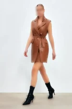 ژاکت چرم با کمربند - قهوه‌ای - 9440