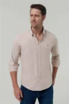 پیراهن نخی با یقه دکمه‌ای مدل اسلیم فیت بژ، قابل آسانی اتو کشی، با جزئیات گلدوزی - 8859