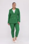 کت زنانه بلزر سبز با کمربند، دارای جیب و شلوار پاچه باریک، ست لباس سایز بزرگ - 9740