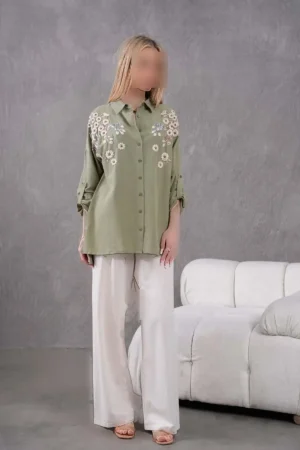 بلوز و شلوار کتان گشاد با طرح گل و گلدوزی زنانه - 9144