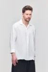 پیراهن مردانه زودکی تیره با بافت کتان و آستین بلند و سایز بزرگ رنگ سفید - 8853