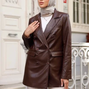 کت چرم زنانه با آستری داخل و جیب دار - 9466