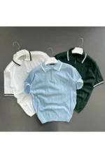 تی‌شرت بافتنی سه‌تایی یقه‌دار بژ زمرّدی ببل - 8563