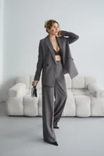 ست لباس زنانه شامل Blazer (کت) و شلوار Palazzo به رنگ آنتراسیت - 9299
