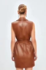 ژاکت چرم با کمربند - قهوه‌ای - 9440