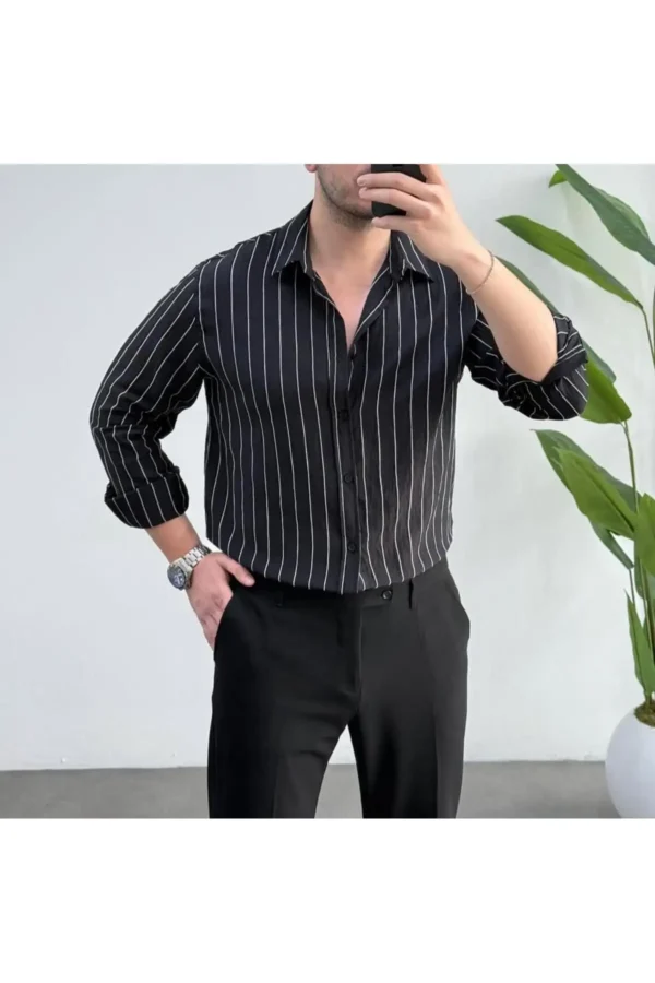 پیراهن کتان آستین بلند مردانه با طرح راه‌راه فلانل اوورسایز - 8868