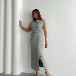 پیراهن میدی خاکستری با جزئیات یقه و شولدر و چاک زنانه - 9081
