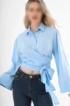 بلوز زنانه آستین دولا مچ دار با کمر بند دار رنگ آبی - 9204