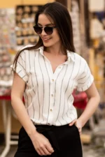 بلوز کوتاه آستین زنانه کتان خط‌دار خاکستری تیره ARM-19Y001067 - 9207