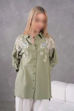 بلوز و شلوار کتان گشاد با طرح گل و گلدوزی زنانه - 9144