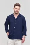 پیراهن مردانه آبی تیره با آستین بلند و بافت تابستانی از جنس کتان - 8855