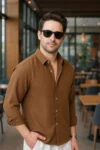 پیراهن کتان آربین بافت دار سایز بزرگ قهوه‌ای - 8874