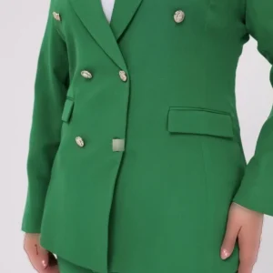 کت زنانه بلزر سبز با کمربند، دارای جیب و شلوار پاچه باریک، ست لباس سایز بزرگ - 9740
