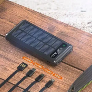 پاوربانک خورشیدی ۲۰۰۰۰ میلی‌آمپری با چراغ‌های LED و دو خروجی USB دارای چندین کابل - 9673
