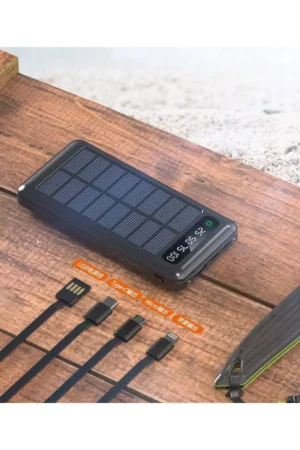 پاوربانک خورشیدی ۲۰۰۰۰ میلی‌آمپری با چراغ‌های LED و دو خروجی USB دارای چندین کابل - 9673