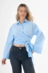 بلوز زنانه آستین دولا مچ دار با کمر بند دار رنگ آبی - 9204