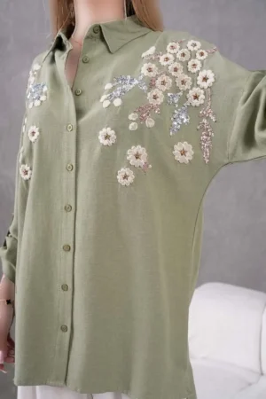 بلوز و شلوار کتان گشاد با طرح گل و گلدوزی زنانه - 9144