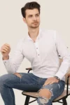 پیراهن مردانه کتانی یقه برگردان سفید سه دکمه - 8843
