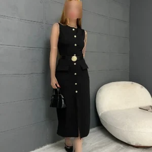 پیراهن میدی با جزئیات دکمه طلایی و چاک دار - 10087