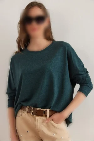 بلوز یقه گرد نیمه آستین سبز زمردی زنانه از جنس پشم و ویسکوز مدل BLZ-19002801 - 10509