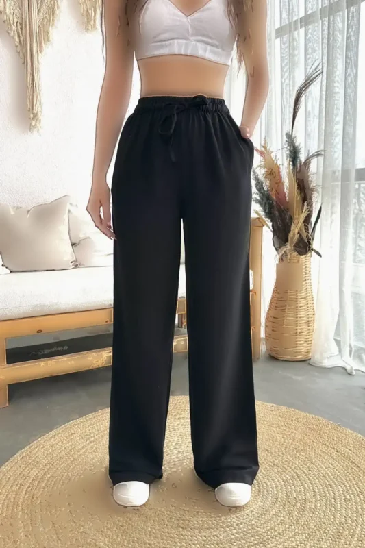 شلوار تابستانی گشاد با کمر کشی و بند دار زنانه از جنس کتان - 9964