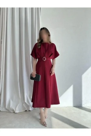 پیراهن میدی با جزئیات کمربند Bordeaux - 10399
