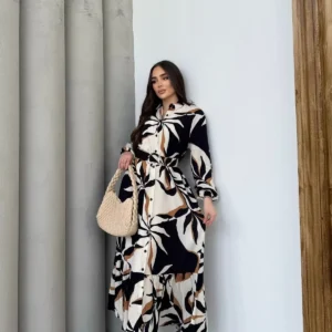 پیراهن بلند زنانه با آستین بلند و طرح مشکی و نارنجی، دارای کمربند و از پارچه ویسکوز ساخته شده است. - 10480