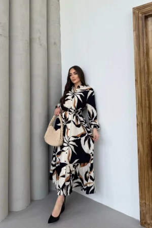 پیراهن بلند زنانه با آستین بلند و طرح مشکی و نارنجی، دارای کمربند و از پارچه ویسکوز ساخته شده است. - 10480
