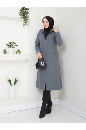 کاپشن کلاهدار زیپ‌دار با جیب از پارچه کَشِی - 10054