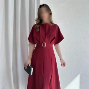 پیراهن میدی با جزئیات کمربند Bordeaux - 10399