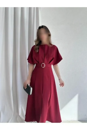 پیراهن میدی با جزئیات کمربند Bordeaux - 10399