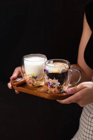 فنجان چای و قهوه شیشه‌ای دو جداره با دسته عایق حرارتی ۲ عددی ۲۵۰ میلی‌لیتر - 10326