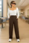 شلوار پالازو قهوه‌ای زنانه با الیاف کشی - کمربند چسبی، برش راحت، شیک و راحت - 9969