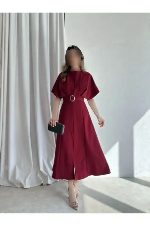 پیراهن میدی با جزئیات کمربند Bordeaux - 10399