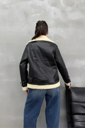 کت کوتاه چرم بایکری مشکی با خز داخل زنانه - 9901