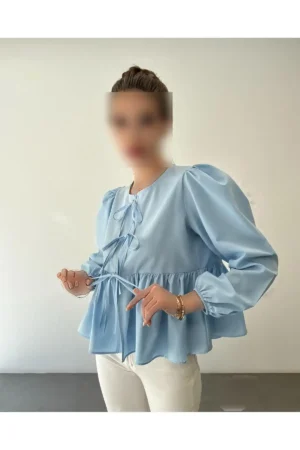 پیراهن نخی پاپلین با پاپیون - 9886