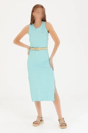 دست vestido بافتی زنانه با یقه گرد و قد میدی 50263597-VR090 - 10396