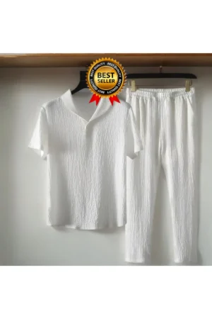 ست تابستانی تی‌شرت یقه‌پولو و شلوار راحتی مردانه با پارچه چین‌دار کرینکیل با سبک آلاçاتی - 10135