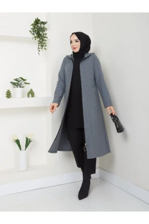 کاپشن کلاهدار زیپ‌دار با جیب از پارچه کَشِی - 10054